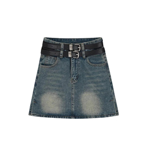 2025 nueva llegada minifalda de verano para mujer cintura alta Denim Grunge doble cinturón Loop estilo Vintage minifalda para Otoño Invierno - Product Image 4
