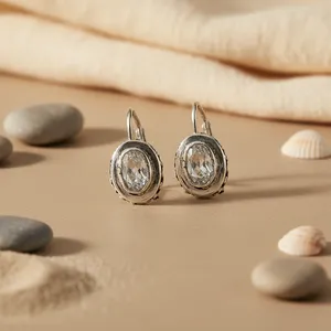 Boucles d'oreilles fines en argent 925 pour femmes avec pierre précieuse ovale, fermoir à levier, bijoux - Product Image 2