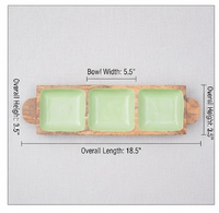 Plateau rectangulaire en bois avec trois compartiments en émail vert, design rustique, poignée, longueur 1,5 pouce, hauteur 2 pouces, pièce unique