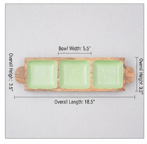 Wooden Rectangular Tray With Three Green Enamel Compartments <b>Rustic</b> Design Handle 1.5 Inch Length 2 Inch Height Single Piece - Product Image 2