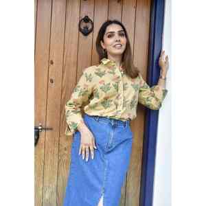 Camisa de Algodón Popelina Satinado de Manga 3/4 para Mujer, Estampado Floral de Flores del Desierto, Diseño Artesanal, Ropa Casual de Oficina para Primavera/Verano, Tallas XL a 4XL - Product Image 2