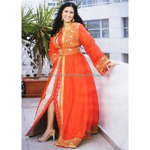 Luxurious Two Piece Arabic <b>Women</b> Kaftan Orange and <b>White</b> Combination With Latest Embroidery Design and <b>Belt</b> - Product Image 1