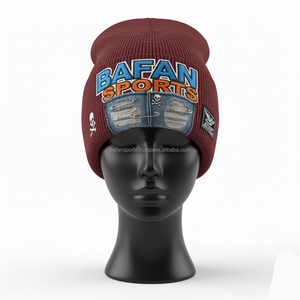 Gorro de mujer Premium 300 GSM tejido acrílico Color granate con parche de mezclilla bordado logotipo personalizado gorro de jacquard - Product Image 6