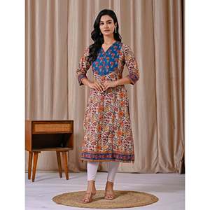 Grey Blue Butta <b>Block</b> <b>Printed</b> Cotton Straight Kurti Casual Day Wear for Women XS Breathable and Natural Waistline ODM Supply - Product Image 4