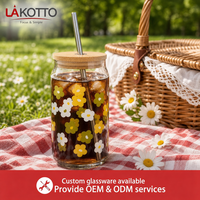 LAKOTTO 500ml Verre à boire en verre imprimé marguerite avec couvercle en bois et paille en acier, verrerie en gros, logo personnalisé, promotionnel