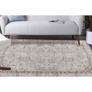 พรมสไตล์วินเทจสีเบจแบบอูชัก: ดีไซน์ตุรกีกันลื่น พรมบางแบบไม่ทอ - Product Image 2