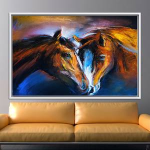 Toile d'art imprimée style vitrail avec motif animalier, peinture de deux chevaux, toile encadrée blanche - Product Image 1