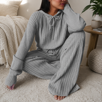 Conjunto de 2 Piezas de Punto Acanalado para Mujer FNJIA, Top de Manga Larga con Capucha y Cordón Ajustable, Pantalones Anchos, Ropa Casual de Punto