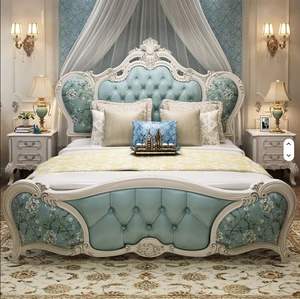 Lit royal élégant sur mesure de style européen du milieu du siècle, moderne, avec 2 tables de chevet, revêtement en cuir, bois de teck massif, meubles de maison - Product Image 3