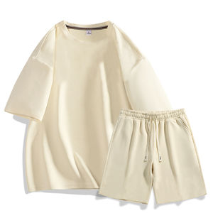 Conjunto de camiseta vintage informal OEM para hombre, pantalones cortos bordados de calle alta, hombro caído, algodón transpirable para verano - Product Image 3