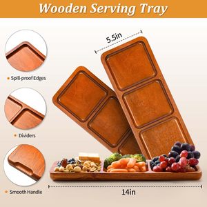 Plateau de service en bois d'acacia 14 "x 5.5" Plateau de service en bois 3 sections Plateaux en bois rectangulaires pour aliments Fromage Snacks Fruits - Product Image 2