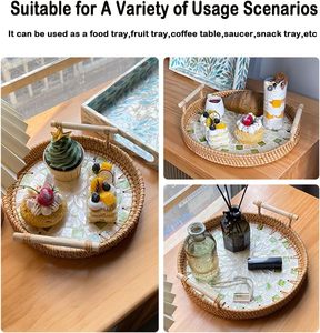 Eco-friendly Natural Rattan Mother of Pearl Serving Tray Round Shape with Handle Wicker Handcrafted for Coffee Table in Vietnam - Product Image 3