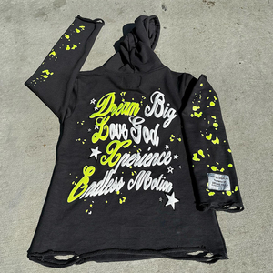 Sudadera con Capucha de Alta Calidad para Hombre, Negra, con Borde Deshilachado, Estampado Personalizado, 500 g/m², Mezcla de Algodón Básico, Sudaderas con Capucha para Hombre - Product Image 2