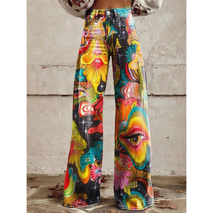 2025 Casual <strong>Pants</strong> <strong>with</strong> Printed Wide-Leg Slight Flare 3D Trendy Fashionable Design Women's Trousers - Product Image 1