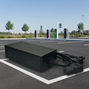 Adaptateur secteur noir avec câble sur un établi en bois dans un environnement d'atelier moderne avec des étagères à outils et un ensemble professionnel propre - Product Image 1