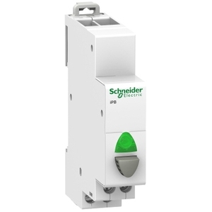 Interruttore a pulsante singolo SCHNEIDER ELECTRIC A9E18038 Acti9 IPB 1NO grigio con indicatore luminoso verde 12-48Vac/DC - Product Image 1