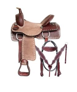 Sillín de caballo de cuero occidental con juego de tachuelas a juego, calidad prémium, de barril de cuero genuino, inglés, de carreras - Product Image 1