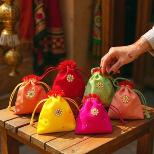 Pochette en soie Kundan de luxe personnalisée pour les mariages, Diwali et les emballages de festivals - pour les cadeaux de mariage, les bonbons, les cosmétiques, les bijoux - Product Image 4