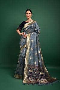 Ropa de estilo indio, ropa de fiesta, Sari, Sari de seda Bandhej puro con plata pura y Zari de cobre, tejidos para boda - Product Image 6