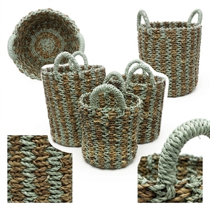Natural Banana Bark Recycled <b>Plastic</b> Storage <b>Basket</b> Set Green Stripe Arch Handle Pot Planter Organizer Setup Decor Pure Art - Product Image 2