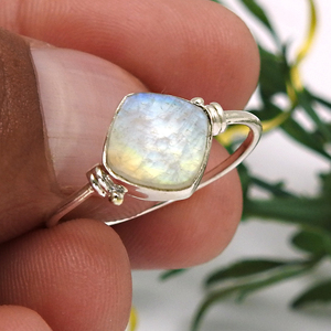 Fabulous Look 925 Sterling Silver Natural Rainbow <b>Moonstone</b> Cushion Shape Casual <b>Ring</b> for Everyday Wear Handmade Jewelry India - Product Image 3