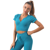Ensemble de yoga uni grande taille sans coutures, avec haut dos nu, leggings taille haute, short à fermeture éclair, manches longues, écologique, extensible dans les quatre sens, effet délavé