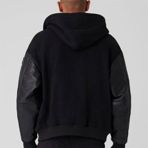 Blouson aviateur à la mode pour hommes avec manches en cuir véritable-Vêtements d'extérieur légers à coupe ajustée avec fermeture à glissière et ourlet côtelé - Product Image 5