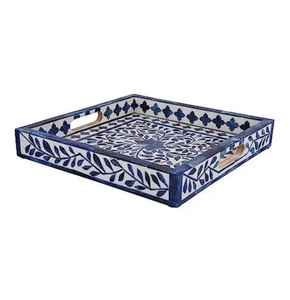 Handcrafted Modern Bone Inlay Mother of Pearl Star Design High Quality Wooden Serving Tray for Diwali Hospitality & <b>Home</b> Use - Product Image 4