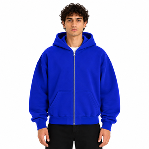 AURA Men's Royal Blue Zip-Up Hoodie Casual <b>Fleece</b> <b>Hooded</b> Sweatshirt Solid Color Regular Fit Autumn Wear 100% Cotton 350g Lined - Product Image 1