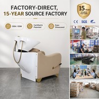 Fauteuil de lavage de cheveux pour salon, beige, avec robinet doré, lavabo en céramique blanc, repose-pieds extensible, réglage manuel