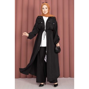 Conjunto Casual de Otoño de Túnica y Pantalones de Lona con Cintura con Cremallera, Top Largo Negro Sólido, Diseño Holgado de Dos Piezas, Tejido de Punto - Product Image 3