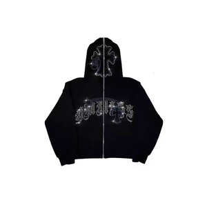 OEM Sweats à capuche personnalisés avec fermeture éclair en cristal strass Vêtements décontractés à impression thermique Streetwear délavé à l'acide Vintage sweats à capuche zippés - Product Image 2