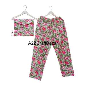 Wholesale <b>Sleepwear</b> Indian Floral Print Pajamas Cotton Night Wear Pyjama Set 100% Cotton Organic Night Suit Pyjamas Dress - Product Image 3