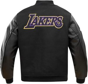 Chaqueta Bomber Bordada de los Lakers de Los Ángeles, con Mangas de Cuero Negro y Ribete en Contraste, Chaqueta Deportiva Clásica para Adultos - Product Image 2
