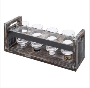 Artisan-Crafted 4-Piece Beer Tasting Flight Burnt White Wash Plateau en bois de pin avec poignées et panneau de tableau au prix de gros - Product Image 1