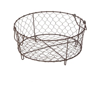 Farmhouse Round Chicken Wire Metal Storage <b>Basket</b> Vintage Style Iron Wire Fruit & Vegetable Tray Kitchen Organizer <b>With</b> <b>Handles</b> - Product Image 1