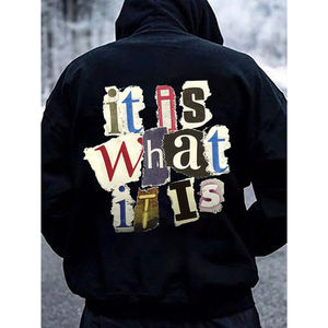 Sweat à capuche surdimensionné d'hiver avec poches kangourou zippées imprimées sur le devant et poignets à ourlet côtelé Épaules tombantes noires-Service OEM - Product Image 1