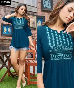 Trendy Ethnic Wear Ready to Wear Fancy top Style Rayon Short Kurtis with Embroidery for Casual and Office Wear Top for Women