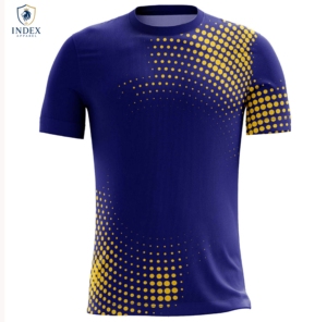 เสื้อฟุตบอลผู้ชายแบบซับลิเมชั่น คอวี แขนสั้น สีน้ำเงิน-เหลืองลายจุด ระบายเหงื่อได้ดี ทรงแอธเลติก ยี่ห้อ Index Apparel - Product Image 1