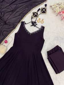 Conjunto de vestido Anarkali negro ligero para mujer Pantalones Dupatta espejo encaje trabajo borde estilo tradicional Georgette tela para fiestas - Product Image 2