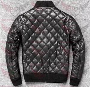 Hot <b>Sale</b> Hasnain Products Mens Genuine Leather <b>Quilted</b> Bomber Jacket Black Color Diamonds Style Jacket - Product Image 2