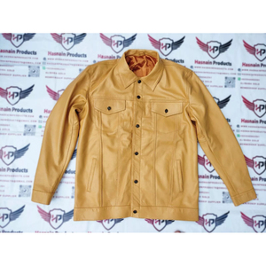 Veste de camionneur en cuir véritable jaune moutarde pour homme, col en peau de mouton, fermeture à boutons, poches à rabat sur la poitrine, manteau d'hiver, vêtement d'extérieur - Product Image 1