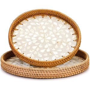 Bandeja de servicio de ratán hecha a mano ecológica, incrustaciones de hoja de perla Madre, mesa de centro decorativa elegante, bandeja otomana, Catering sólido - Product Image 6