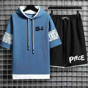 <b>Men's</b> Casual Sports <b>Hoodie</b> Suit Summer High Street Harajuku Style Anime-Inspired T-Shirts <b>Shorts</b> Solid Pattern 2-Piece <b>Set</b> - Product Image 3