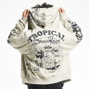 Personnalisable Vintage All-Over Print Hommes Sweat 100% Coton Hiver Beige Polaire À Capuche avec Fermeture Éclair Bidirectionnelle Style Coréen - Product Image 3