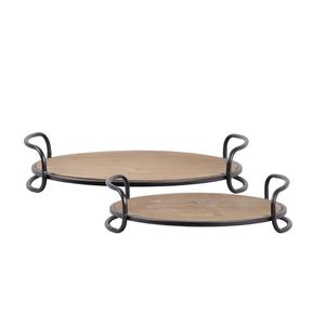 Plateau décoratif en bois de forme ronde de petites jambes rondes avec la frontière touchée antique noire pour la vaisselle de luxe - Product Image 6
