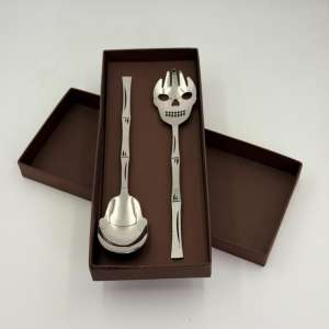 Nouvel ensemble de 2 cuillères et fourchettes à salade en acier inoxydable au design tête de mort, finition polie brillante, légères pour un service facile - Product Image 6