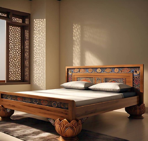 Lit contemporain avec un travail du bois en treillis géométrique et des draps à motifs. Disponible à prix de gros. - Product Image 4