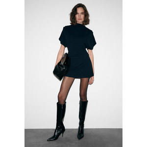 GRIMELANGE MAXINE Vestido mini de manga corta con cremallera y cuello alto con detalle de pliegues Kisimlarinda en hombros y cintura para mujer - Product Image 2