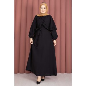 Robe de soirée noire coupe trapèze avec cape et ceinture, style modeste, coupe confortable, ornée de sequins et de perles, taille XL, longueur ras du sol - Product Image 4